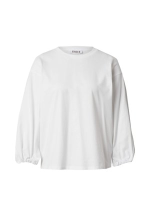 White long-sleeve top made of soft fabric. Features a round neckline and puffed sleeves with elastic cuffs for a relaxed fit. Minimalist design.