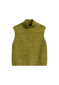 Groene gebreide mouwloze coltrui met een geribde kraag en textuurstof, met een boxy vorm en rechte zoom.