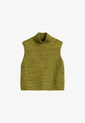 Grüner gestrickter ärmelloser Rollkragenpullover mit ribbeligem Kragen und strukturiertem Stoff, in boxy Form und geradem Saum.