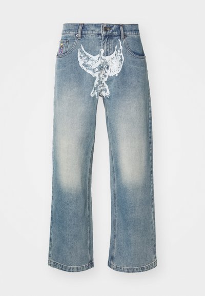 Light blue denim jeans with a straight-cut design, featuring a white bird graphic print on the front and a subtle faded texture.