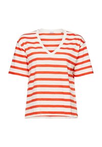 Camiseta de cuello en V de manga corta a rayas rojas y blancas, confeccionada en tela suave, con un corte holgado y un cuello de contraste.