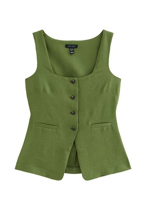 Groene mouwloze vest met knopen, vierkante halslijn en twee voorzakken met openingen, getailleerde pasvorm met gestructureerde stof.