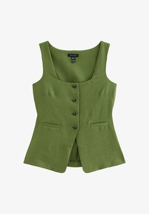 Chaleco verde sin mangas con botones, escote cuadrado y dos bolsillos frontales con abertura, ajuste entallado con tela texturizada.