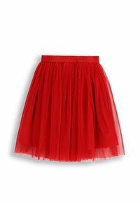 Czerwona tiulowa spódnica o marszczonym kroju. Posiada jednolity pas i warstwy lekkiego, przejrzystego materiału tworzące puszystą sylwetkę.