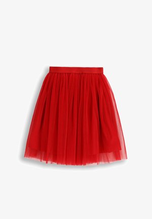 Czerwona tiulowa spódnica o marszczonym kroju. Posiada jednolity pas i warstwy lekkiego, przejrzystego materiału tworzące puszystą sylwetkę.