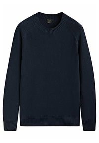 Pull en maille bleu marine avec col rond, poignets et ourlet côtelés, manches raglan et texture lisse. Aucun motif ou accent visible.