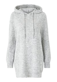 Haut à capuche gris clair en maille texturée, avec un cordon à l'encolure, une poche frontale et des manches longues avec des bords côtelés.