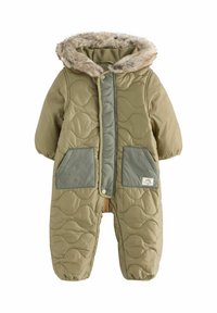 Oliiviroheline polsterdatud talvekombinesoon, millel on kunstkarusnaha kapuuts, neljakandiline tekstuur, kaks esikotid ja kontrastne roheline esiplaat.