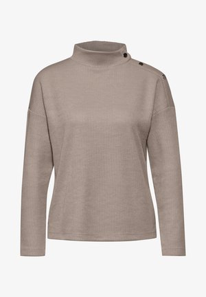 Beige ribbattu pitkähihaine pusero korkealla kauluksella ja kolmella koristepainikkeella olkapäässä, jossa on rento istuvuus ja sileä rakenne.