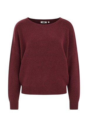Bordeauxroter Pullover aus weichem Strickmaterial, mit weitem Rundhals, langen Ärmeln sowie gerippten Bündchen und Saum. Klassisches, lässiges Design.