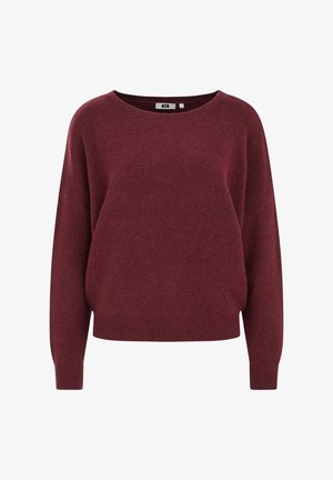 Suéter burdeos hecho de un material de punto suave, con un escote amplio, mangas largas y puños y dobladillo acanalados. Diseño clásico de corte relajado.