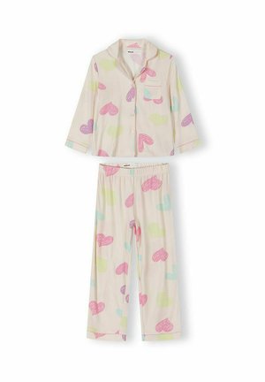 Pyjama deux pièces pour enfants avec manches longues et pantalon, orné de motifs de cœurs roses, violets, bleus et verts sur un tissu beige clair.