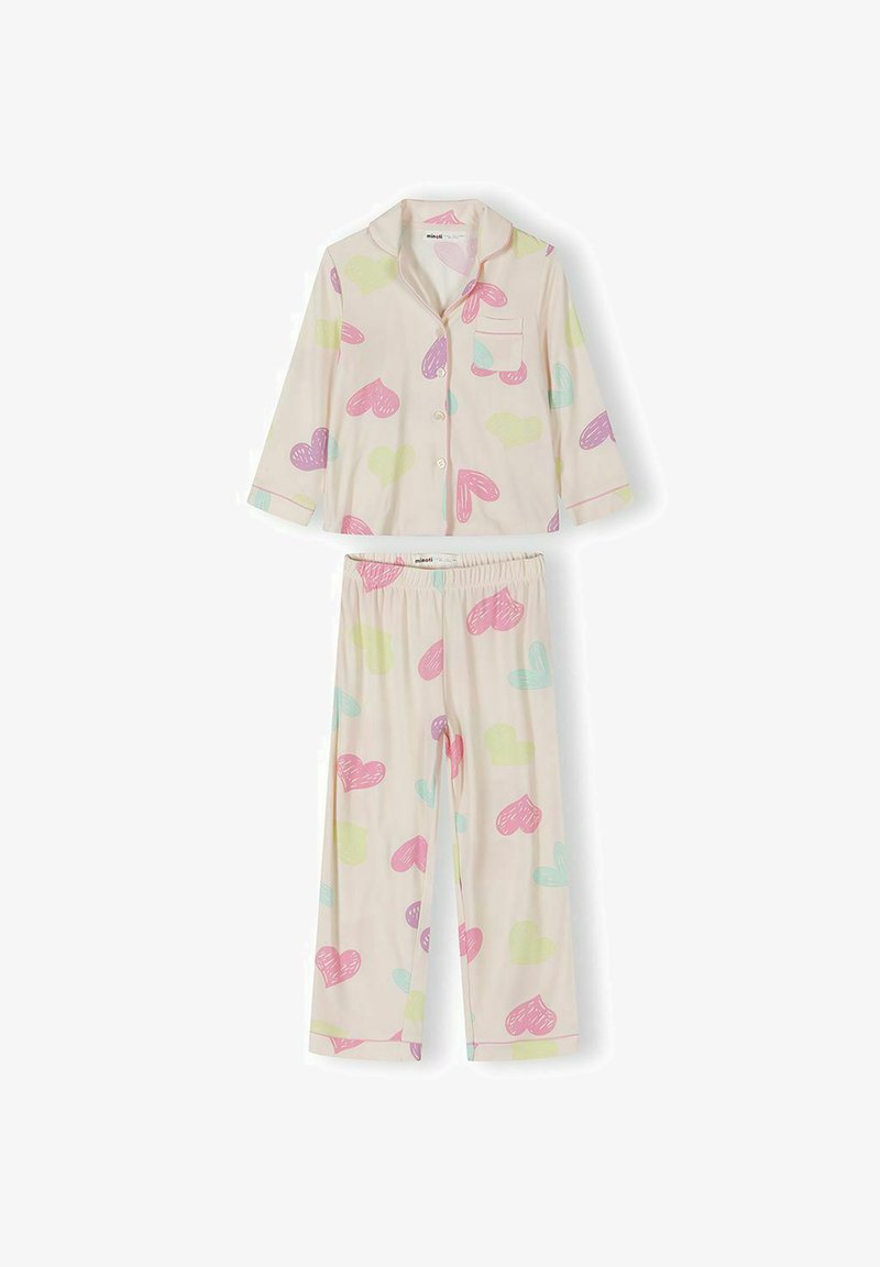Pyjama deux pièces pour enfants avec manches longues et pantalon, orné de motifs de cœurs roses, violets, bleus et verts sur un tissu beige clair.