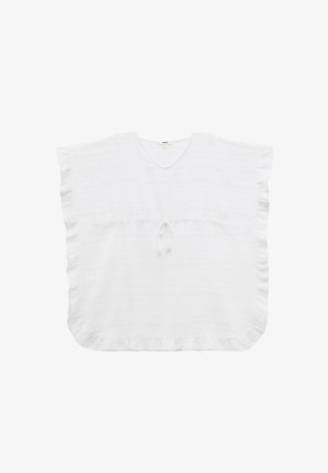 Hvidlinned poncho med V-hals, korte ærmer og frynsedetaljer langs kanterne; har en snøredetalje i taljen.