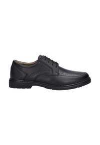 Scarpa eleganti in pelle nera con texture liscia, punta arrotondata e dettagli perforati. Presenta lacci e una suola in gomma resistente.