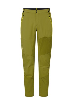 Olivgrüne technische Wanderhose mit seitlichen Reißverschlusstaschen, verstärkten Kniepaneelen und Doppelknopfverschluss am Bund.