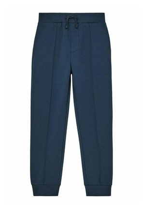 Tengerészkék, puha anyagból készült melegítőnadrág, rugalmas derékkal, zsinórral, oldalsó zsebekkel és szűkülő bokákkal.