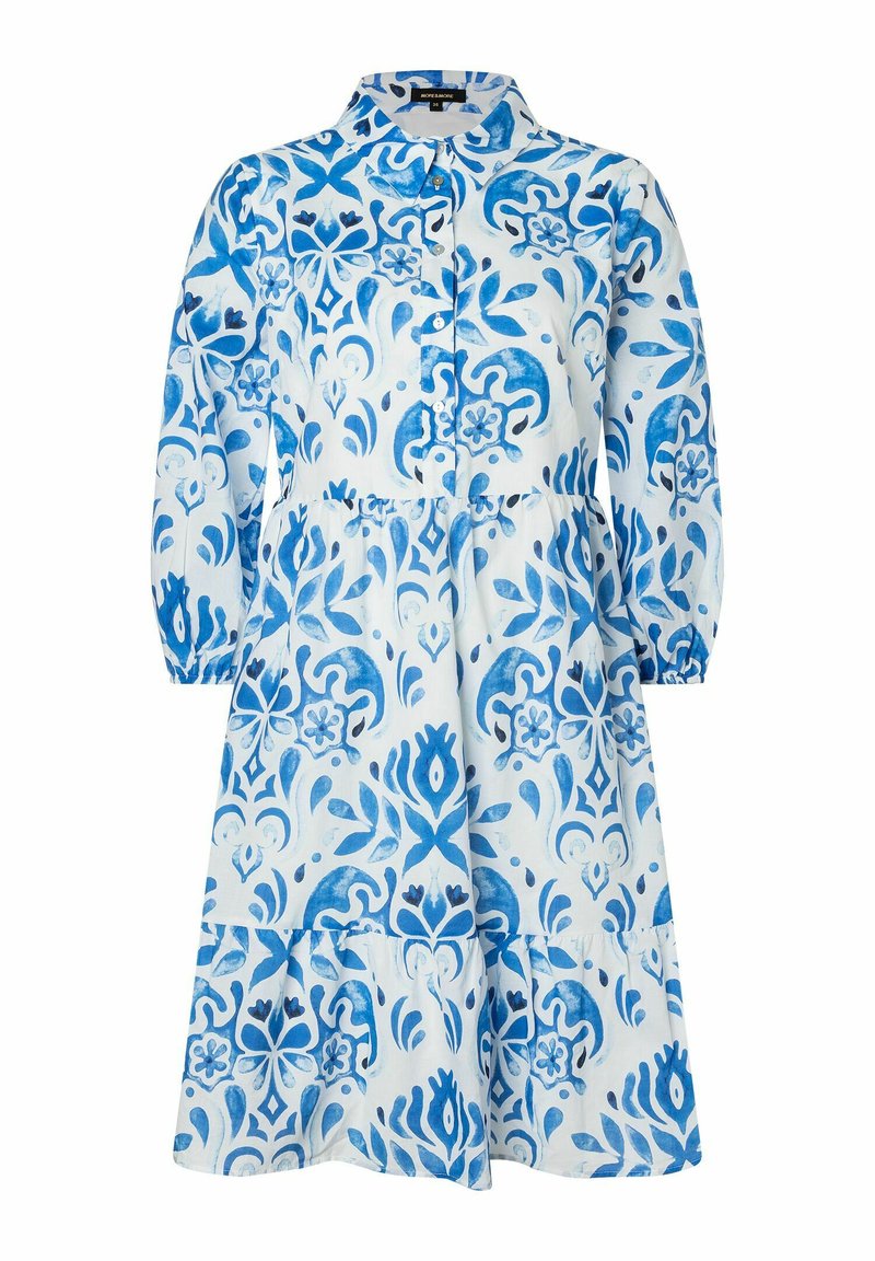 Weißes Kleid mit einem blauen Blumen- und Wirbelmuster, einem kragenförmigen Ausschnitt, Knopfleiste und langen puffärmeln mit elastischen Bündchen.