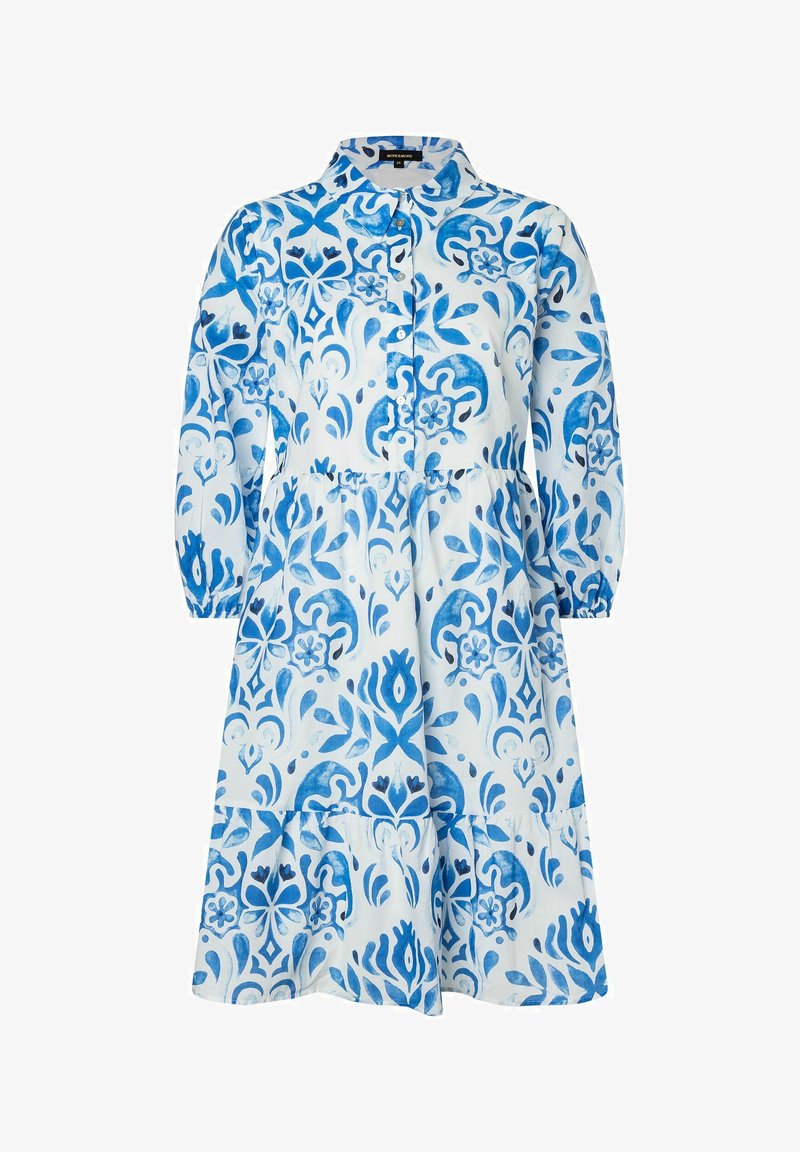 Weißes Kleid mit einem blauen Blumen- und Wirbelmuster, einem kragenförmigen Ausschnitt, Knopfleiste und langen puffärmeln mit elastischen Bündchen.