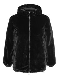 Black plush faux fur hooded jacket with front zipper and elastic cuffs, designed for warmth and comfort.