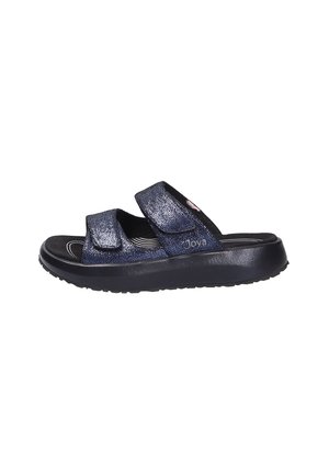Black and dark blue slip-on sandal with two adjustable straps and a cushioned sole designed for comfort.