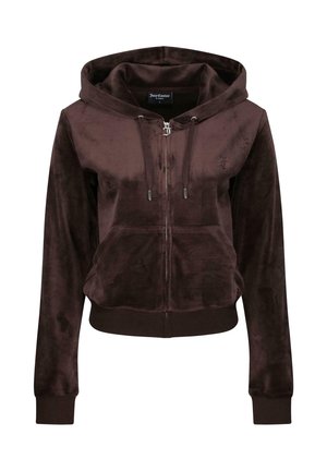 Haut à capuche zippé en velours marron avec une poche avant, capuche ajustable à cordon et logo brodé sur la poitrine. Texture douce et design ajusté.