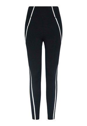Svart leggings laget av stretchstoff, med hvite sidestreker og høy midje. Glatt tekstur med en tettsittende design.
