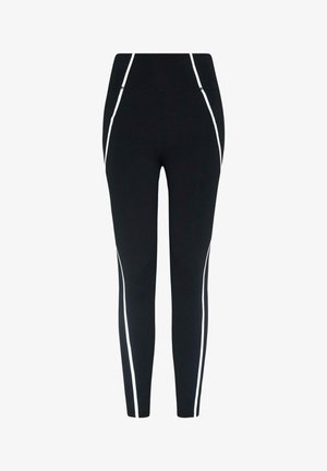 Melnas legingi no stiepjama auduma ar baltām sānu svītrām un augstu jostasvietu. Gluda tekstūra ar pieguļošu dizainu.