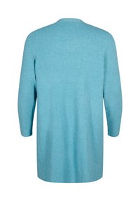 Langarmpullover in hellblauer Farbe, aus weichem, strukturiertem Stoff mit rundem Ausschnitt und geradem Schnitt. Rückansicht dargestellt.