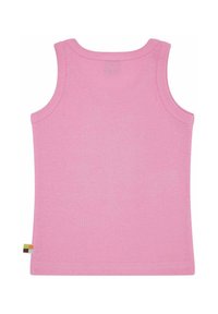 Rosa ärmelloses Trägershirt aus weicher Baumwolle, mit einem runden Halsausschnitt und einem kleinen mehrfarbigen Etikett an der Seitennaht.