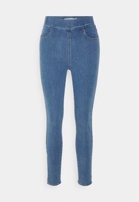 Jean skinny en denim bleu moyen avec une texture lisse, une taille haute et de fausses poches avant. Design épuré et simple sans ornements.