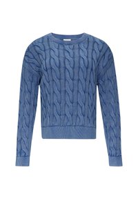 Blauwe kabelbreiselsweater met een ronde halslijn, lange mouwen en een geribbelde zoom. De textuur heeft verheven, elkaar verwevende patronen door het hele kledingstuk.