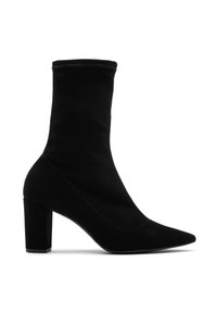 Bottines noires en tissu lisse, avec un bout pointu, un talon block haut et un détail de poignet élastique. Design élégant et ajusté.