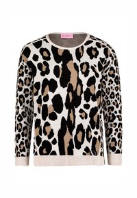 Beige, schwarze und braune Leopardmuster-Pullover. Mit Rundhalsausschnitt, langen Ärmeln sowie geripptem Saum und Bündchen. Der Stoff ist weich.