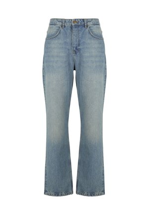 High-waist straight-leg light blue denim jeans with front button closure, belt loops, and two front pockets.