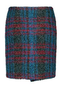 Spódnica z tweedu w ciemnej zieleni, z wzorami w kratę w kolorach czerwonym i niebieskim, z lekko asymetrycznym dołem i fakturowanym wykończeniem.