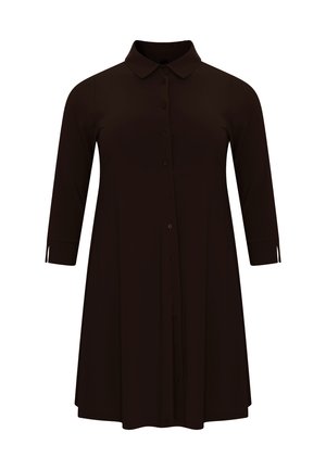 Bruine jurk met knopen, klassieke kraag, driekwart mouwen en zijsplitten, gemaakt van een gladde, lichte stof.