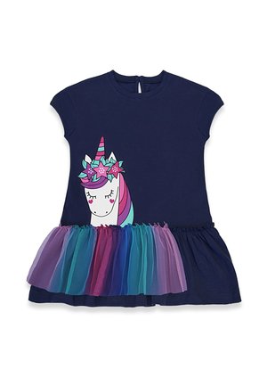 Vestido para niño pequeño de color azul marino con mangas cortas, con un estampado de unicornio con los ojos cerrados y corona de flores y una falda de tul multicapa multicolor.