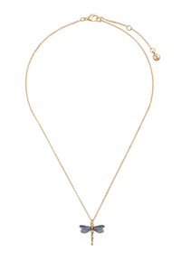 Zelta ķēdes kaklarota ar mazu zilu un zelta spāru piekariņu un regulējamu aizdari uz balta fona.