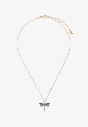 Kuldne ketiga kaelakee, millel on väike sinise ja kuldse tooniga sõnajala kujuline ripats ning reguleeritav lukk, valgel taustal.