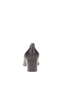 Black leather high-heel shoe with a rounded toe, textured heel, and smooth upper. Features a moderate block heel.