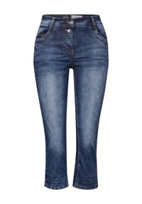 Jeans capri de mezclilla en un tono azul oscuro que presentan un cierre de botón, dos bolsillos frontales y costuras en contraste con un leve desgastado.