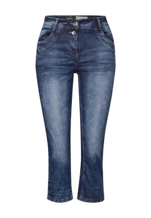Denim capri jeans i en mørkeblå vask med knaplukning, to forlommer og kontrastsyning med en let falmning.