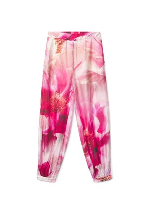 Pantalon ample à imprimé floral rose et blanc avec taille élastique et poignets aux chevilles, tissu léger, style décontracté.
