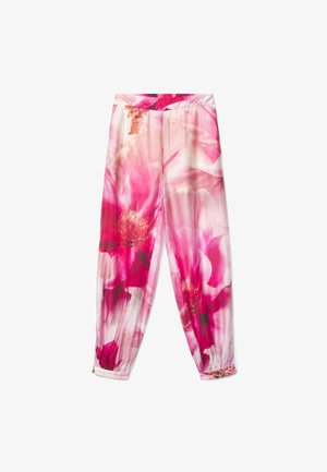 Locker sitzende Hose mit pink-weißem Blumenmuster, elastischem Bund und Bündchen an den Knöcheln, leichter Stoff, lässiger Stil.