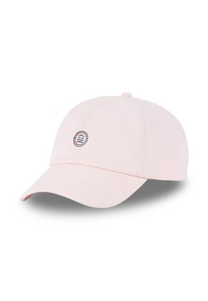 Casquette de baseball en coton rose avec une visière incurvée, logo circulaire brodé en marine et blanc à l'avant, et œillets de ventilation sur la couronne.