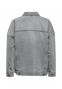 Giacca in denim grigia, caratterizzata da un colletto, maniche lunghe e tasche laterali. Il tessuto ha una texture liscia con dettagli di cucitura visibili.