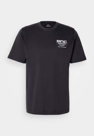 Black cotton t-shirt with short sleeves, round neckline, and chest print featuring "mnc" and contact details in white. Classic fit design.
