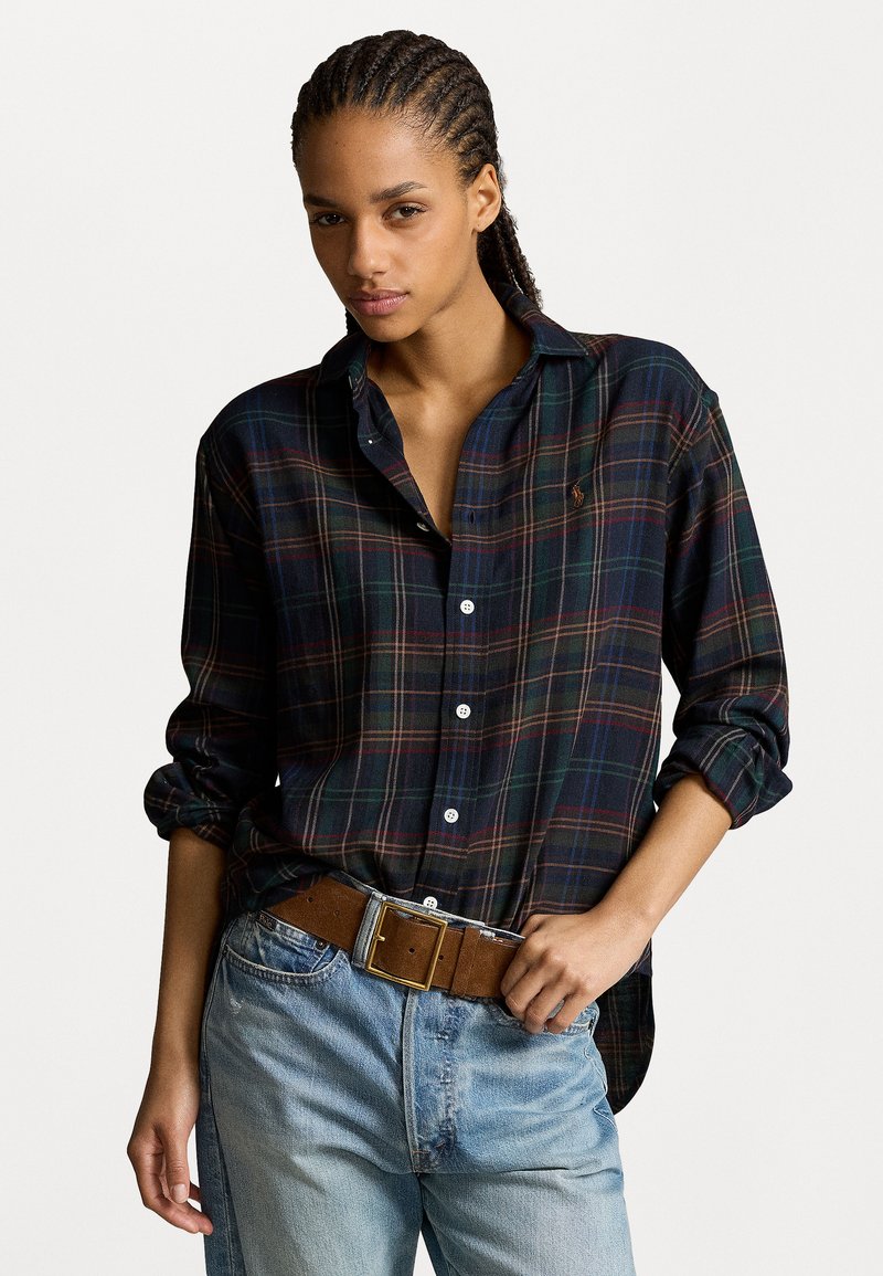 Polo Collar Gathered Button-Down Fitted Stretch Knit Blouse