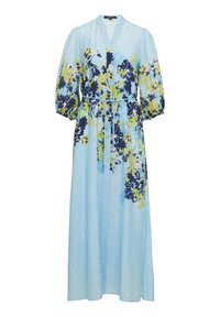 Langes, hellblaues Kleid mit floralem Druck in Marineblau und Grün. Verfügt über einen V-Ausschnitt, puffige Ärmel und eine Krawatte in der Taille für eine verstellbare Passform.